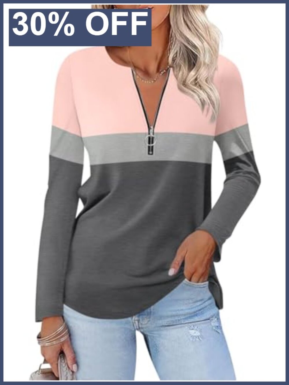 Long Sleeve Zip Tunic Top Casual Crew Neck T-Shirt